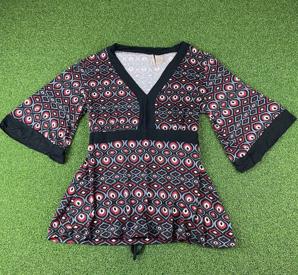 H&M LOGG Geometric V Neck Tunic Top with Empire Waist & Bell Sleeves Womens M